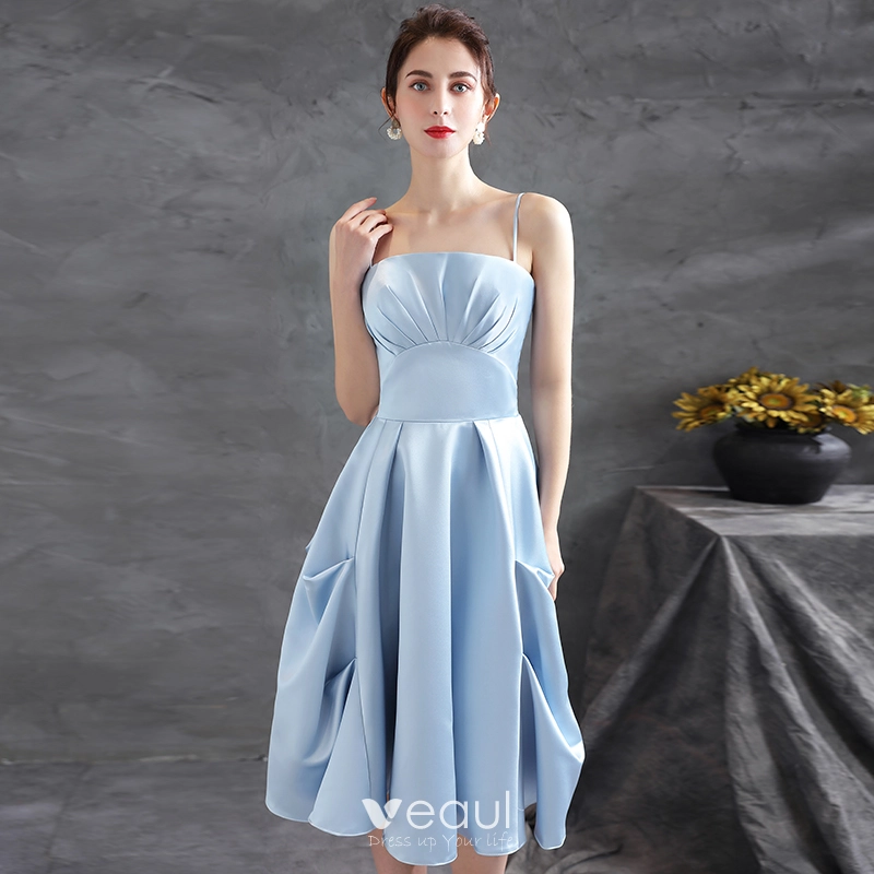 Chic Beautiful Sky Blue Satin Homecoming Graduation Dresses 2021 A Line  Princess Spaghetti Straps Sleeveless Backless Tea Length Formal Dresses