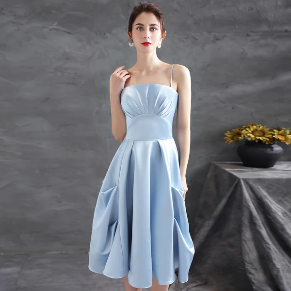 Chic / Beautiful Sky Blue Satin Homecoming Graduation Dresses 2021 A-Line / Princess Spaghetti Straps Sleeveless Backless Tea-length Formal Dresses
