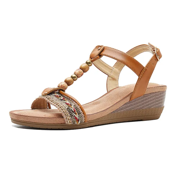 Vintage / Originale Bohême Été Rouge Plage Sandales Femme 2020 T-Strap 4 cm Compensées Talon Bas Peep Toes / Bout Ouvert Sandales