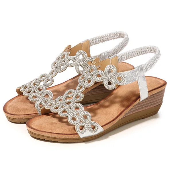 Böhmen Champagner Strand Sandalen Damen 2020 Strass 5 cm Keilabsatz Peeptoes Sandaletten