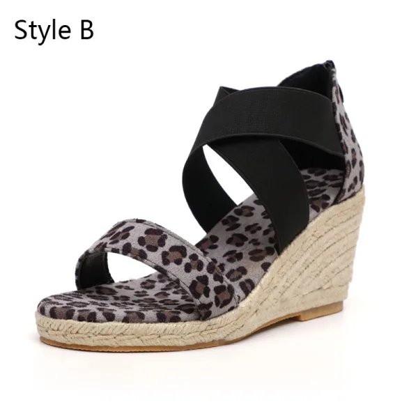 Schöne Braun Strassenmode Leopardenmuster Sandalen Damen 2020 8 cm Keilabsatz Peeptoes Sandaletten