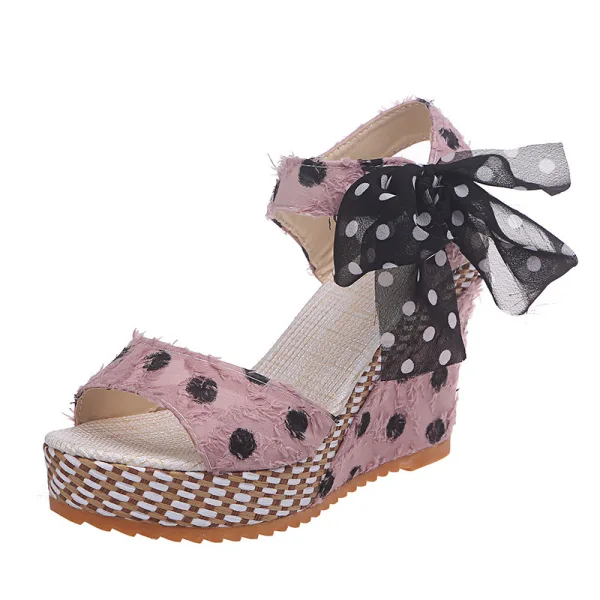 Charmant Été Noire Rendez-vous Sandales Femme 2020 Tachetée Noeud 10 cm Compensées Peep Toes / Bout Ouvert Sandales