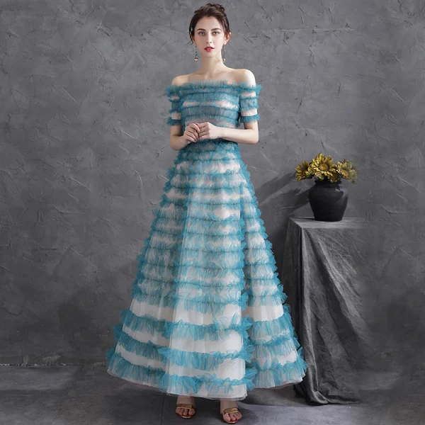 Chic / Beautiful Jade Green Glitter Ruffle Prom Dresses 2021 A-Line / Princess Off-The-Shoulder Short Sleeve Backless Floor-Length / Long Formal Dresses