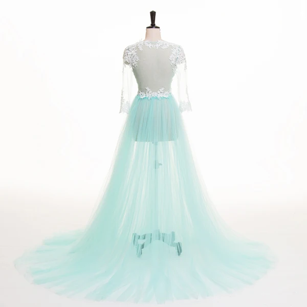 Chic / Beautiful Pool Blue Summer Evening Dresses  2018 A-Line / Princess Pierced Lace Appliques V-Neck 3/4 Sleeve Sweep Train Formal Dresses