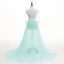 Chic / Beautiful Pool Blue Summer Evening Dresses  2018 A-Line / Princess Pierced Lace Appliques V-Neck 3/4 Sleeve Sweep Train Formal Dresses