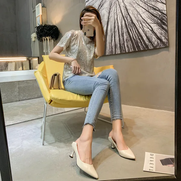 Proste / Simple Białe Biuro OL Czółenka 2020 Skórzany 6 cm Szpilki Peep Toe Czółenka