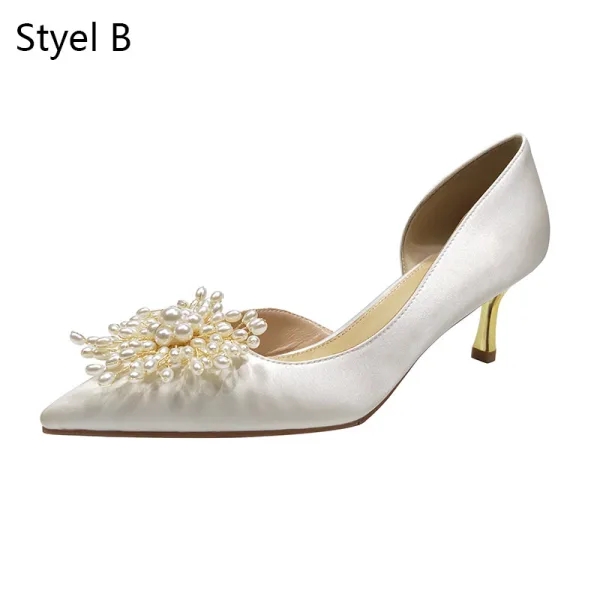Elegant Ivory Satin Pearl Wedding Shoes 2020 Leather 5 cm Stiletto Heels Pointed Toe Wedding Pumps