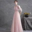 Chic / Beautiful Blushing Pink Ruffle Evening Dresses  Prom Dresses 2021 A-Line / Princess V-Neck 3/4 Sleeve Backless Sash Floor-Length / Long Evening Party Formal Dresses