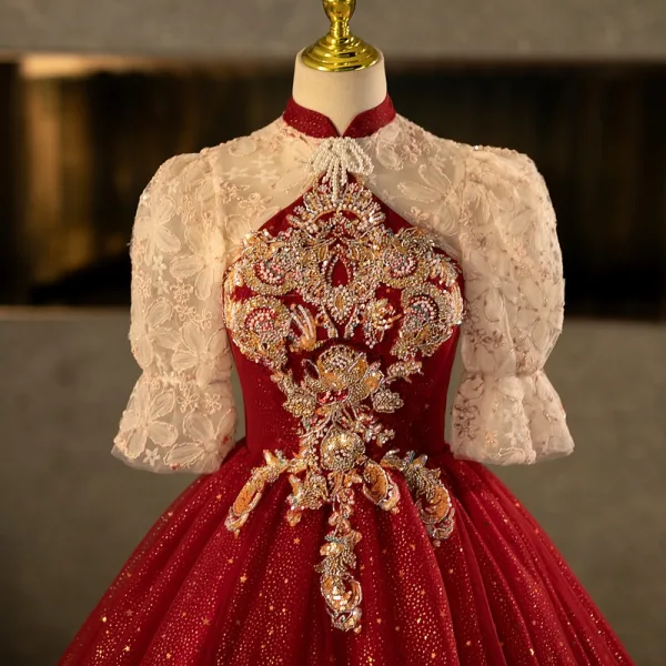 Bling Bling Burgundy Beading Pearl Sequins Flower Prom Dresses 2025 Ball Gown High Neck Short Sleeve Backless Floor-Length / Long Formal Dresses