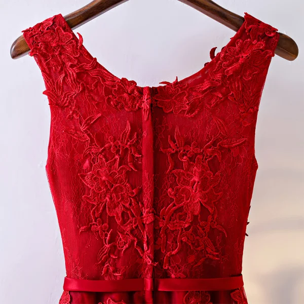 Chic / Beautiful Red Formal Dresses Evening Dresses  2017 Lace Flower Bow Artificial Flowers Zipper Up Scoop Neck Sleeveless Tea-length A-Line / Princess