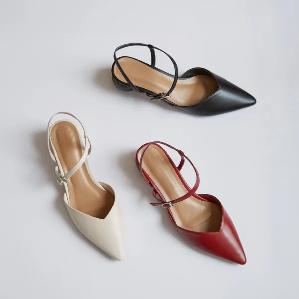 Simple Bordeaux Désinvolte Été Sandales Femme 2020 Cuir Bride Cheville 4 cm Talons Épais Talon Bas À Bout Pointu Sandales