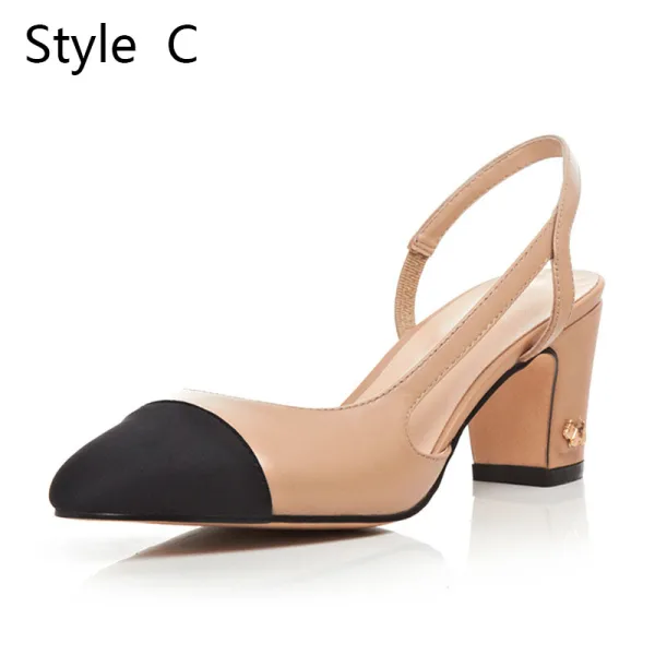 Chic / Beautiful Summer Slingbacks Beige Street Wear Leather Womens Sandals 2020 7 cm Thick Heels Pointed Toe Sandals