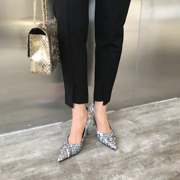Mode Abend Fischschuppen Pumps 2020 Leder 8 cm Stilettos Spitzschuh Pumps