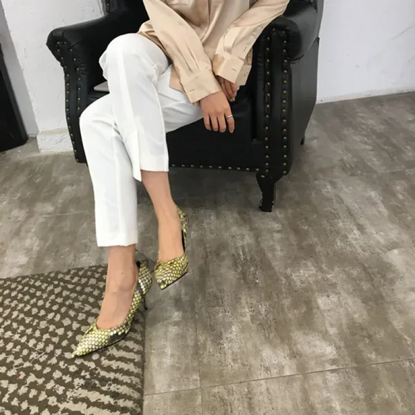 Fashion Yellow Evening Party Fish Scales Pumps 2020 Leather 8 cm Stiletto Heels Pointed Toe Pumps
