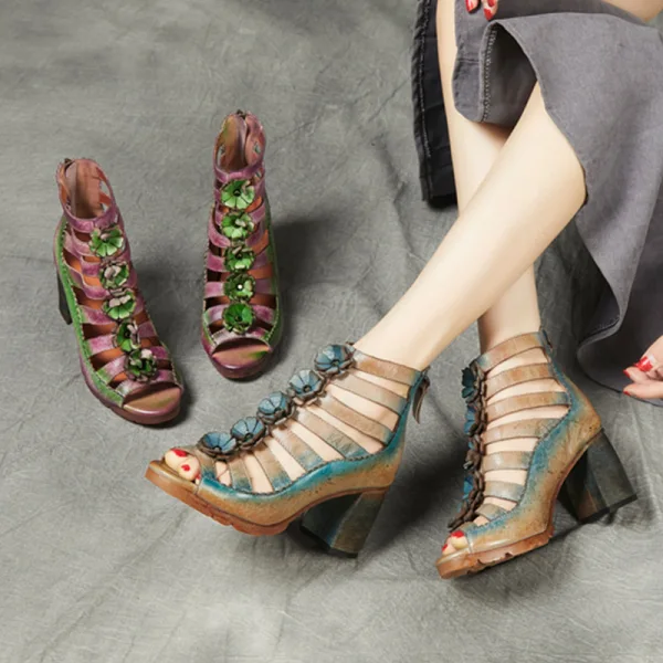 Vintage / Originale Ethnique Été Violet Vêtement de rue Sandales Femme 2020 Cuir Fleur 6 cm Talons Épais Peep Toes / Bout Ouvert Sandales
