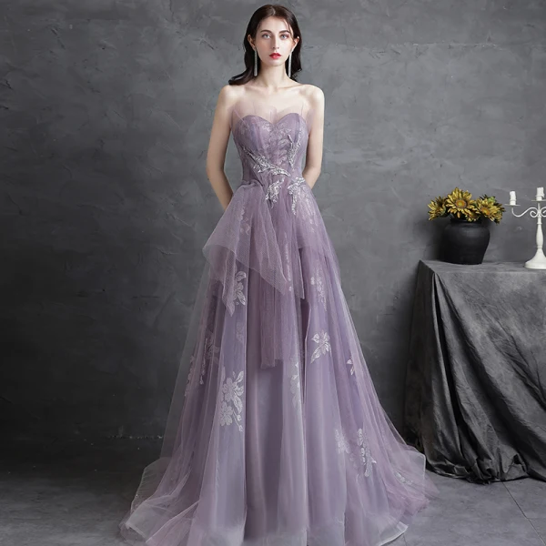 Chic / Beautiful Purple Prom Dresses Evening Dresses 2021 A-Line / Princess Strapless Sequins Lace Flower Sleeveless Backless Sweep Train Evening Party Formal Dresses