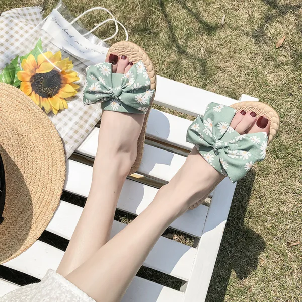 Mode Abordable Été Noire Plage Pantoufle & Tongs 2020 Fleur Plat Peep Toes / Bout Ouvert Chaussures Femmes