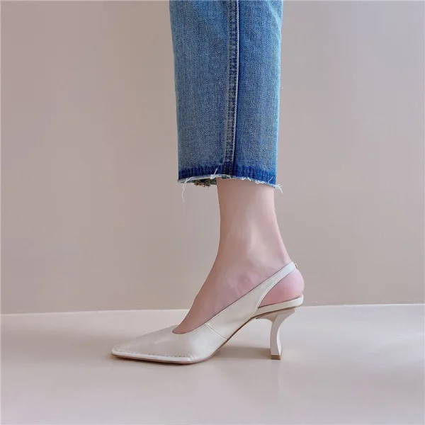 Schöne Beige Slingpumps Büro OL Sandalen Damen 2020 Leder 6 cm Stilettos Spitzschuh Sandaletten