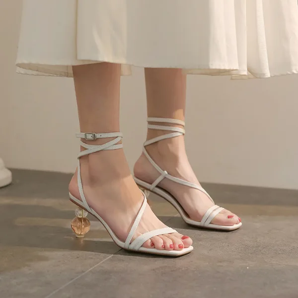 Sexy Sommer Weiß Sandalen Damen 2020 Leder Knöchelriemen 8 cm Stilettos Peeptoes Sandaletten