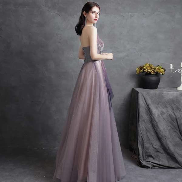 Charming Purple Lace Flower Evening Dresses Prom Dresses 2021 A-Line / Princess Ruffle Strapless Sequins Sleeveless Backless Floor-Length / Long Evening Party Prom Formal Dresses