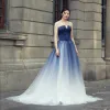 Chic / Beautiful Gradient-Color Wedding Dresses 2018 A-Line / Princess Strapless Backless Sleeveless Sweep Train Wedding