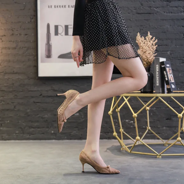 Charming Black Evening Party Pumps 2020 Lace Flower Bow 7 cm Stiletto Heels Pointed Toe Pumps