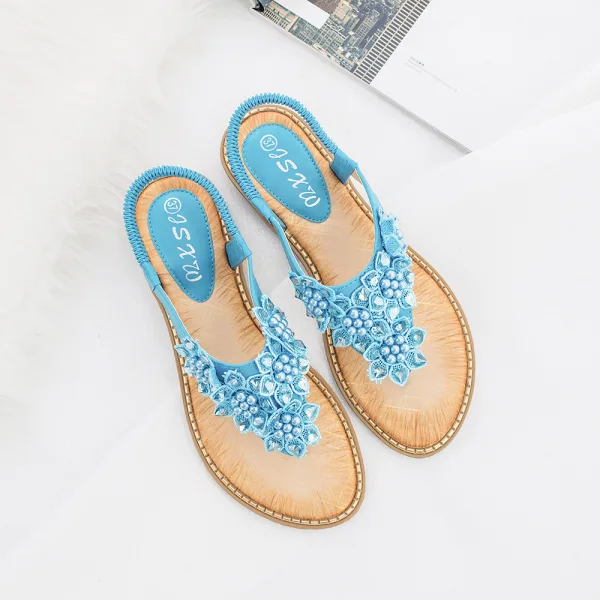 Böhmen Beige Strand Sommer Sandalen Damen 2020 Perle Strass Peeptoes Flache Sandaletten