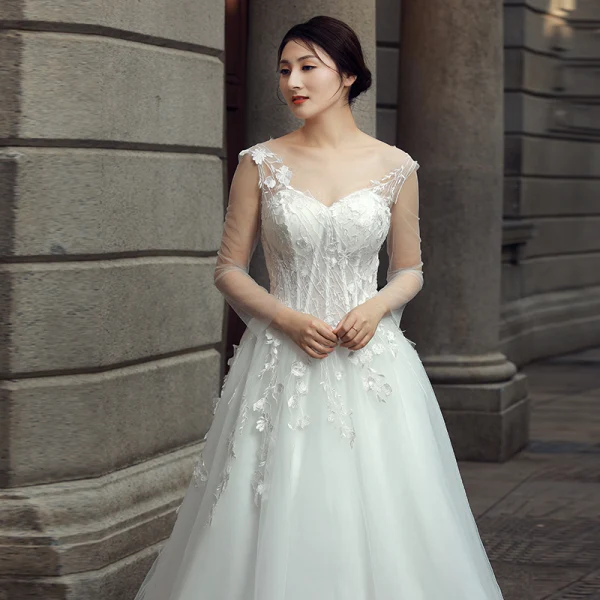 Chic / Belle Ivoire Robe De Mariée 2018 Princesse Appliques Encolure Dégagée Dos Nu Manches Longues Longue Mariage
