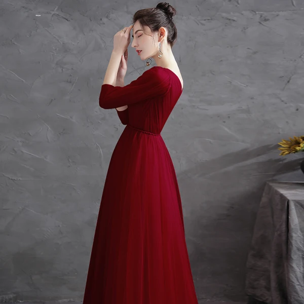 Chic / Beautiful Burgundy Prom Dresses 2021 A-Line / Princess V-Neck 3/4 Sleeve Sash Floor-Length / Long Prom Formal Dresses