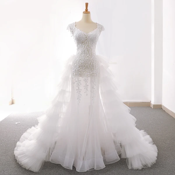 Sexy Weiß Brautkleider 2018 Mermaid Applikationen Mit Spitze Durchsichtige V-Ausschnitt Rückenfreies Ärmel Sweep / Pinsel Zug Hochzeit