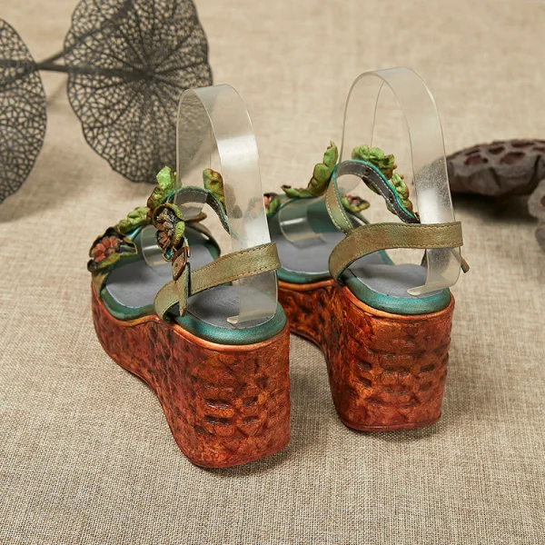 Vintage / Retro Clover Green Street Wear Womens Sandals 2020 Leather Flower 7 cm Wedges Open / Peep Toe Sandals
