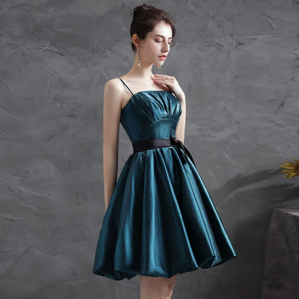 Modern / Fashion Ink Blue Party Dresses 2021 A-Line / Princess Spaghetti Straps Bow Sleeveless Short Backless Formal Dresses