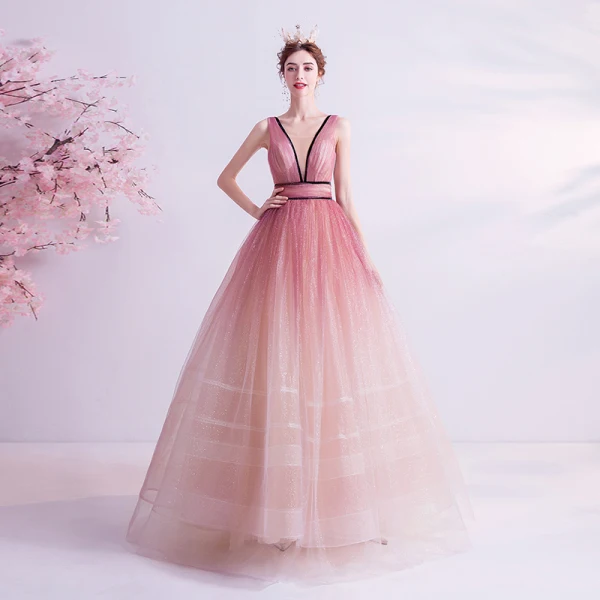 Charmant Farbverlauf Pink Ballkleider 2020 Ballkleid V-Ausschnitt Glanz Pailletten Ärmellos Rückenfreies Lange Festliche Kleider
