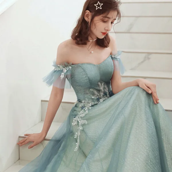 Elegant Sage Green Evening Dresses  2020 A-Line / Princess Off-The-Shoulder Beading Sequins Appliques Short Sleeve Backless Floor-Length / Long Formal Dresses