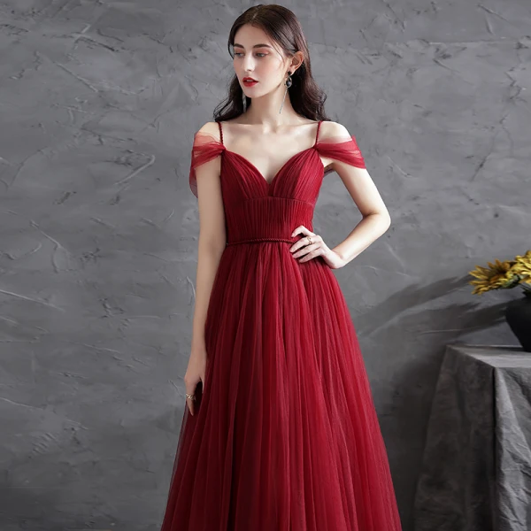 Chic / Beautiful Burgundy Puffy Prom Dresses 2021 A-Line / Princess Spaghetti Straps Short Sleeve Backless Sash Floor-Length / Long Formal Dresses