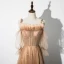 Élégant Champagne Robe De Soirée 2020 Princesse Volants Bretelles Spaghetti Perlage Étoile Paillettes 1/2 Manches Dos Nu Longue Robe De Ceremonie
