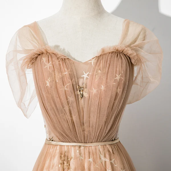 Élégant Champagne Robe De Soirée 2020 Princesse Encolure Carrée Étoile En Dentelle Paillettes Manches Courtes Dos Nu Longue Robe De Ceremonie