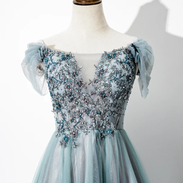 Chic / Beautiful Jade Green Evening Dresses 2020 A-Line / Princess Off-The-Shoulder Beading Sequins Lace Flower Short Sleeve Backless Floor-Length / Long Formal Dresses