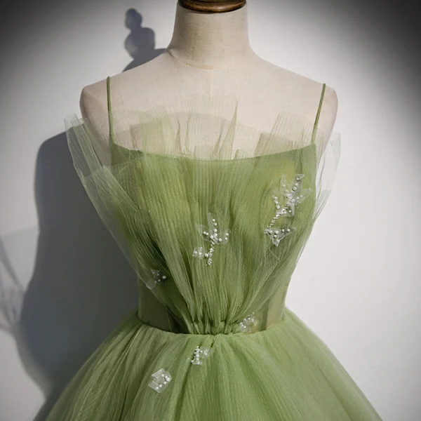 Elegant Clover Green Ruffle Prom Dresses 2020 A-Line / Princess Spaghetti Straps Pearl Sleeveless Backless Floor-Length / Long Formal Dresses