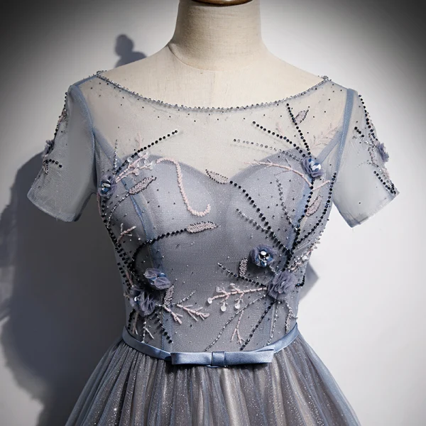 Chic / Beautiful Ocean Blue Evening Dresses 2020 A-Line / Princess Beading Lace Flower Sequins Scoop Neck Short Sleeve Backless Floor-Length / Long Formal Dresses