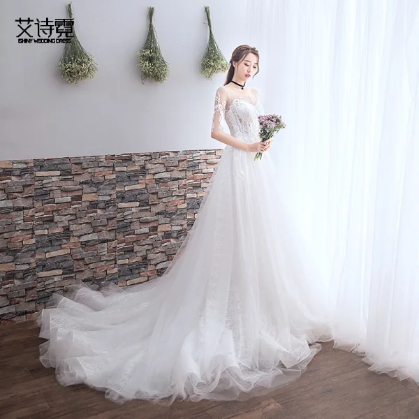 Chic / Beautiful White Wedding Dresses 2018 A-Line / Princess Appliques Lace Scoop Neck Backless 1/2 Sleeves Court Train Wedding