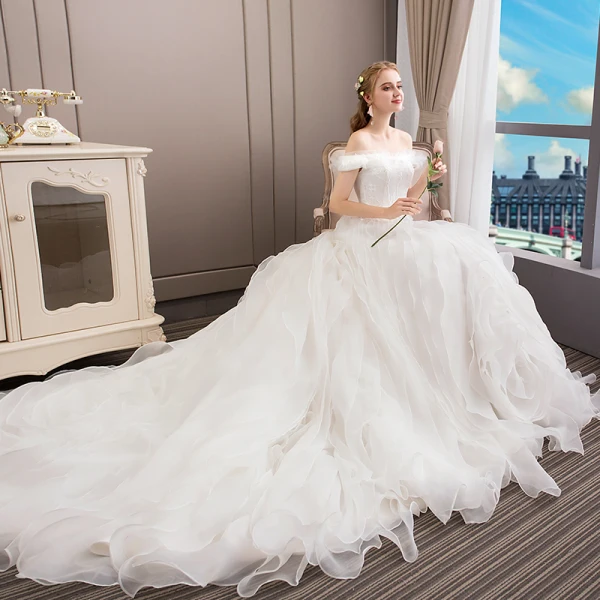 Elegant Ivory Wedding Dresses 2018 Ball Gown Lace Cascading Ruffles Off-The-Shoulder Backless Sleeveless Royal Train Wedding