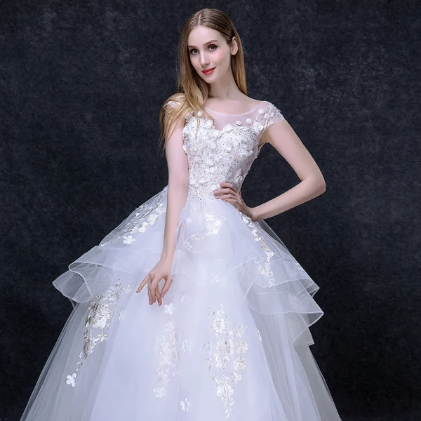Elegant White Wedding Dresses 2018 Ball Gown Beading Appliques Bow Scoop Neck Backless Sleeveless Cathedral Train Wedding