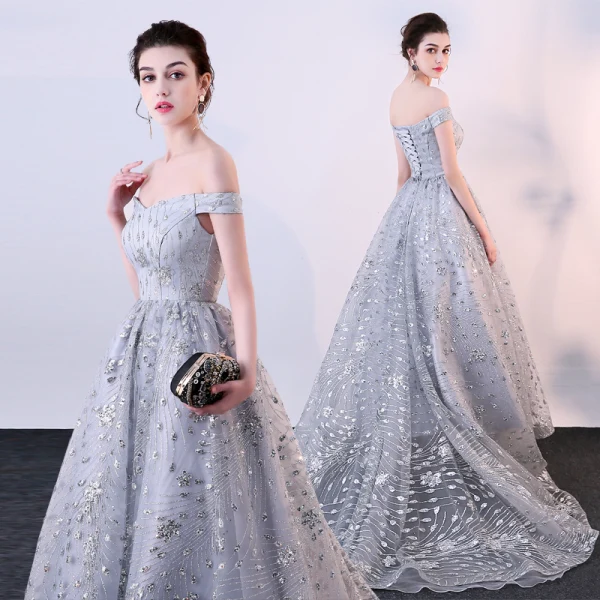 Glitzernden Grau Abendkleider 2018 A Linie Glanz Pailletten Off Shoulder Rückenfreies Ärmellos Sweep / Pinsel Zug Festliche Kleider