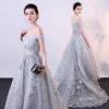 Sparkly Grey Evening Dresses  2018 A-Line / Princess Glitter Sequins Off-The-Shoulder Backless Sleeveless Sweep Train Formal Dresses