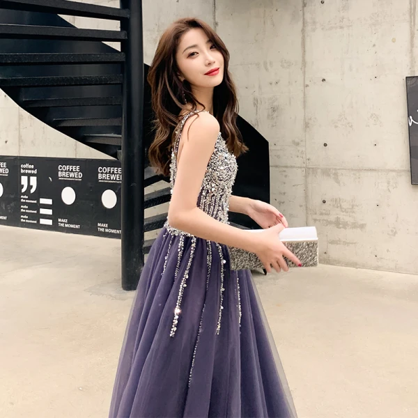 Charming Purple Evening Dresses 2020 A-Line / Princess V-Neck Beading Sequins Sleeveless Backless Floor-Length / Long Formal Dresses