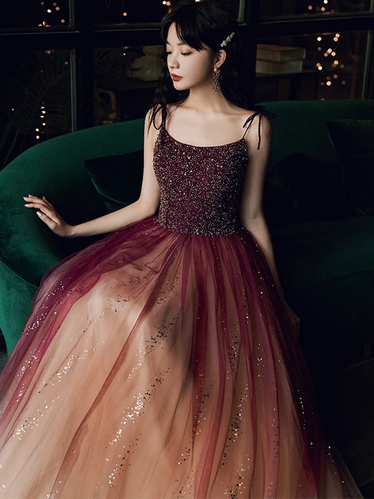 Avondjurken met lange ruches en spaghettibandjes, chiffon, formele galajurk, oranje (burnt orange), 44