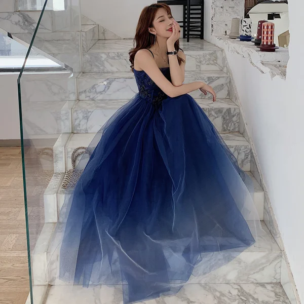 black long sleeve evening dress A Line V Neck Light Blue Royal Blue Prom Dresses, Blue Satin Long Form –  morievent main image 1