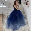 Chic / Beautiful Royal Blue Evening Dresses  2020 A-Line / Princess Spaghetti Straps Beading Sleeveless Backless Floor-Length / Long Formal Dresses