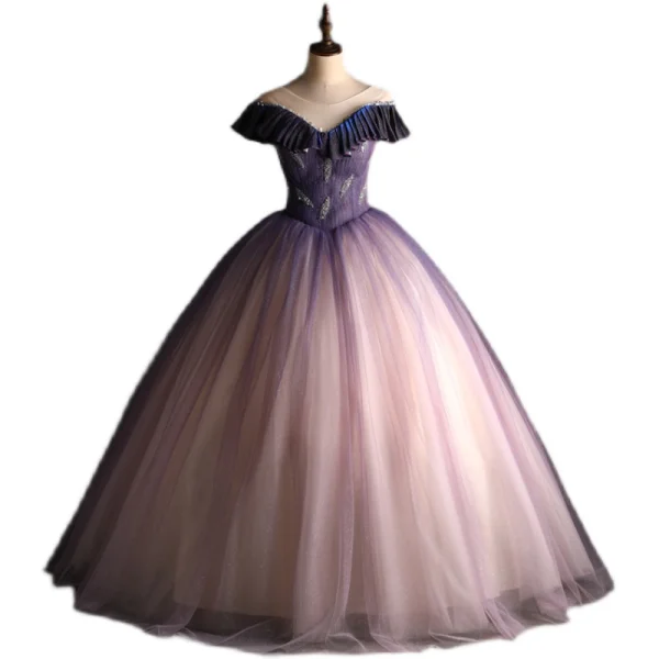 Elegant Gradient-Color Purple Glitter Prom Dresses 2021 Ball Gown Scoop Neck Beading Sequins Short Sleeve Backless Floor-Length / Long Prom Formal Dresses